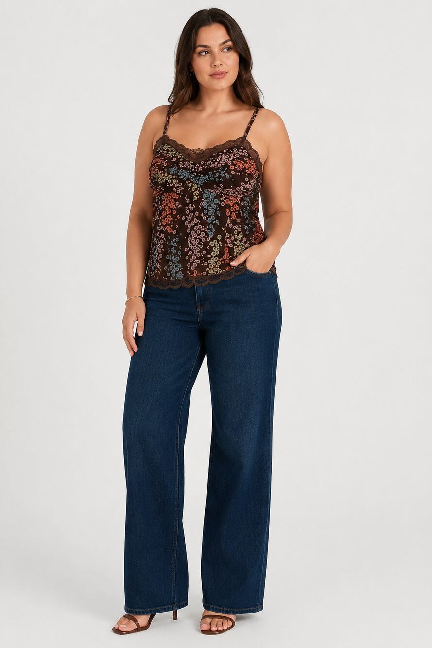 Style & Co Women's Tank Top Lace Trim Silk Spaghetti Strap Floral Brown Size 16